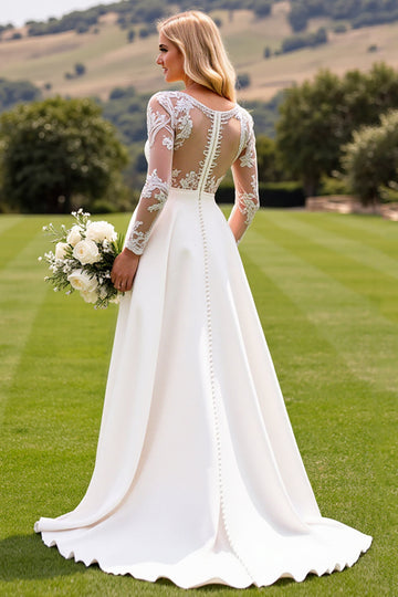White Deep V Neck Long Sleeve Satin Bridal Jumpsuit